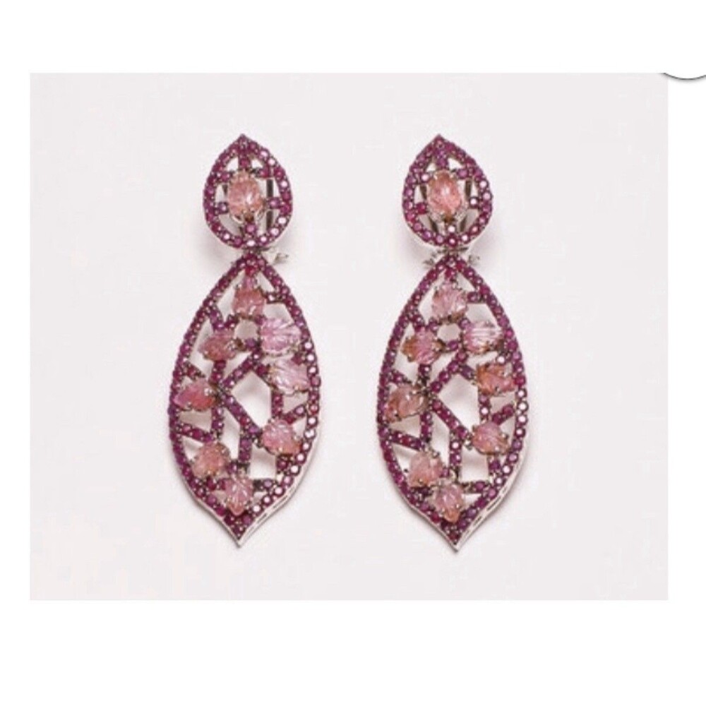 Nabila Fine Jewelry 925 Sterling Silver Pink Tourmaline Carved Leaves Earrings